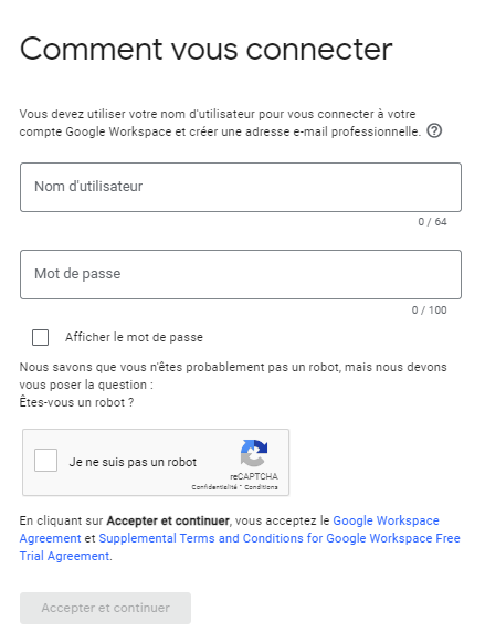 Google Workspace - Formulaire de création d'email professionnelle