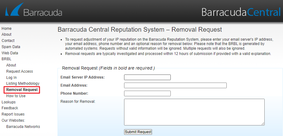 Formulaire Barracuda pour restaurer une ip blacklistée  