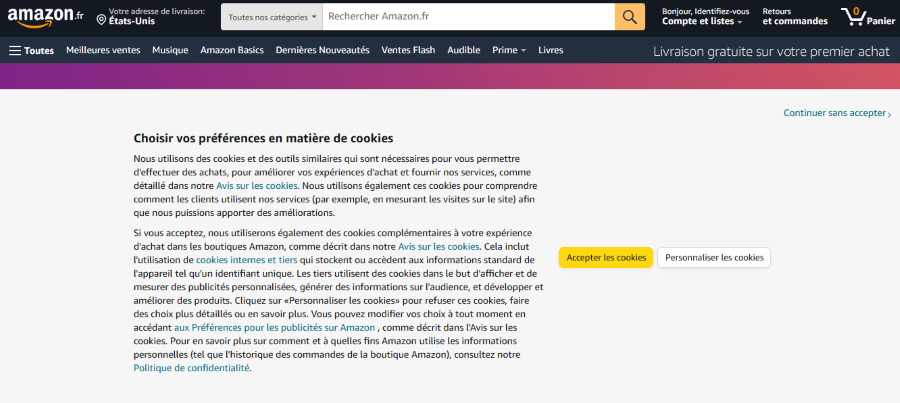 Politique de cookies et Bandeau de cookie d'Amazon